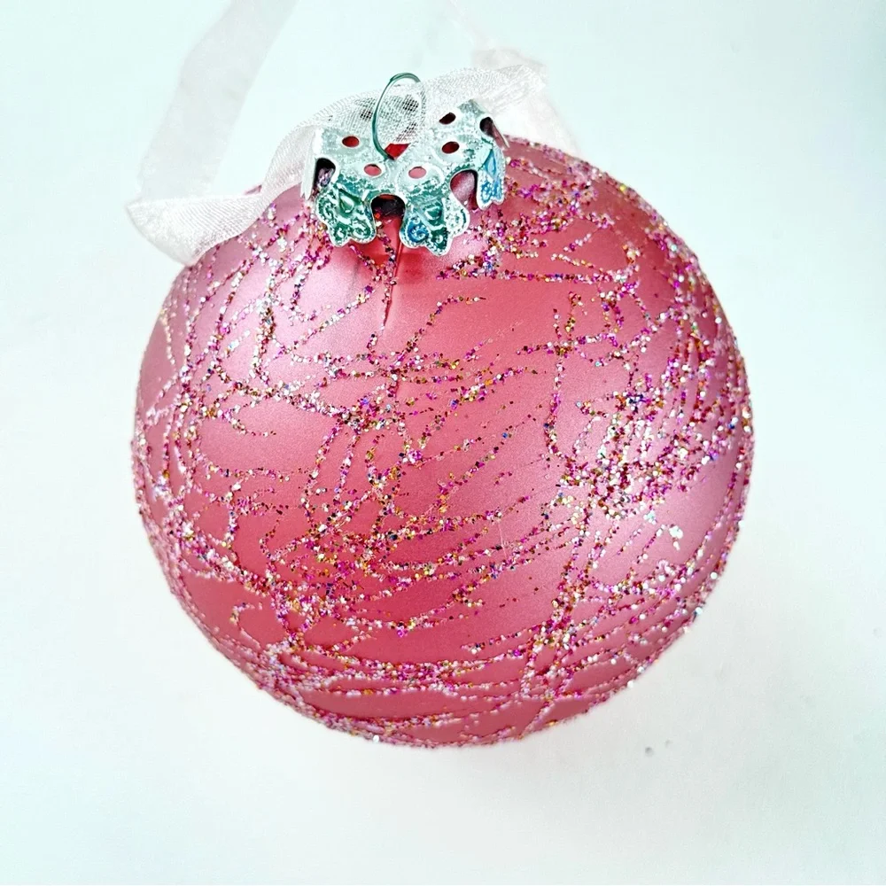Set Of Three Blown Glass And Glittered Ornaments. Pink, Blue, Gold